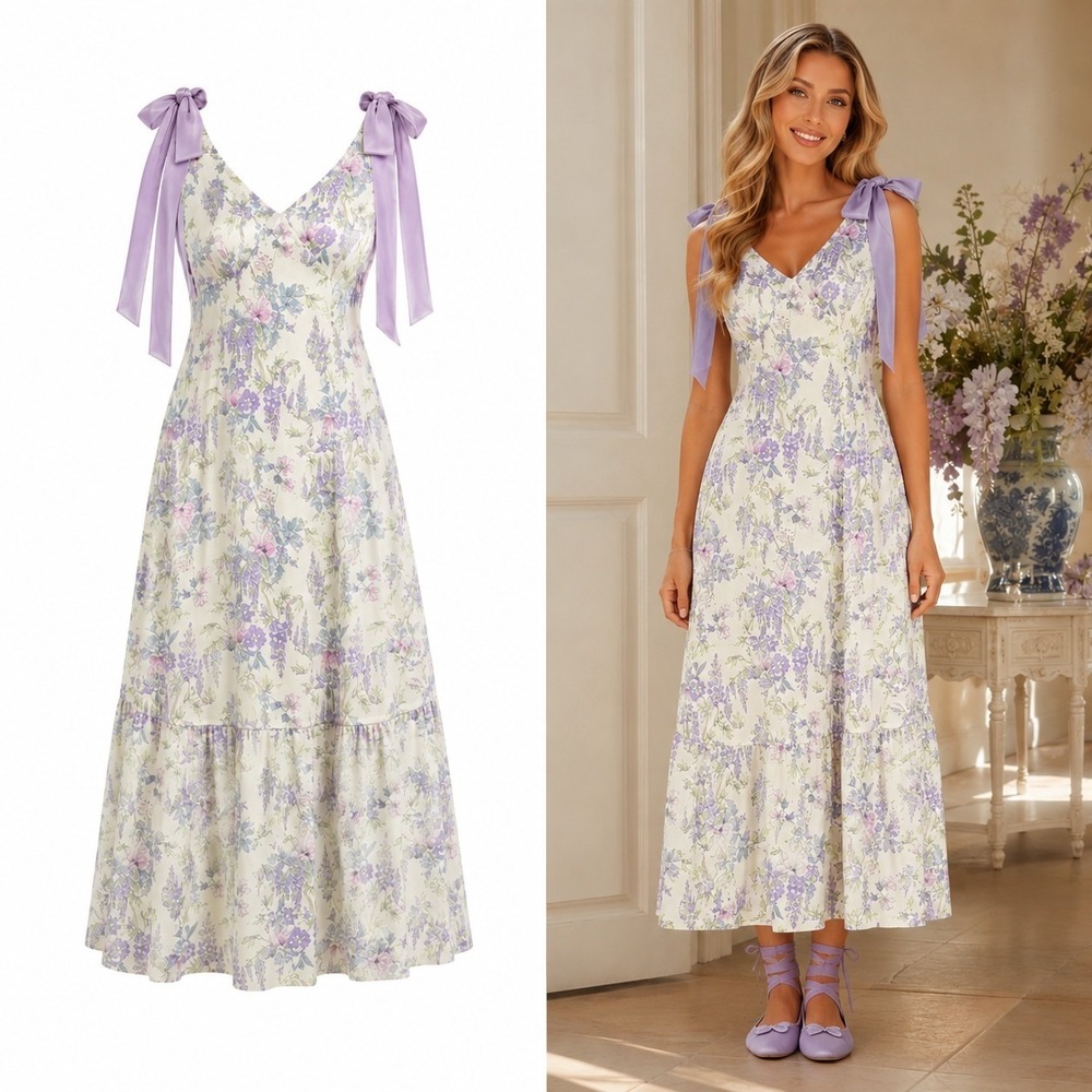 NEW Bridgerton Maxi Dress XL Tiered Bow‎ Babydoll Wisteria Floral  Cottagecore